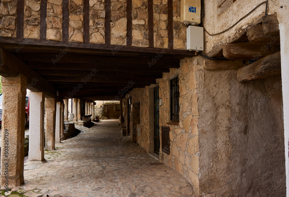 Villanueva del Conde (Salamanca), May 3, 2022. Typical Castilian construction. It was declared a Historic Site. The group of houses forms a closed area. 