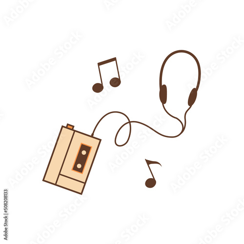 Retro cassette player with earphones outline icon. Vintage portable stereo walkman for cassette with headphones. Old device for music records and playing radio. Vector illustration isolated on white.