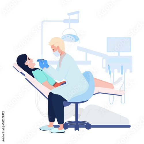 Nervous patient at dentist appointment semi flat color vector characters. Posing figures. Full body people on white. Medicine simple cartoon style illustration for web graphic design and animation