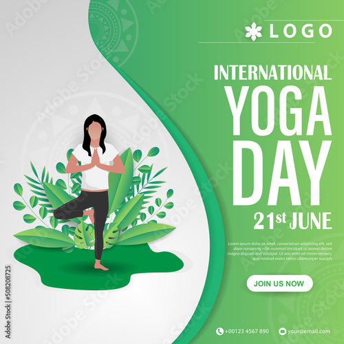 International yoga day brochure template design.Woman doing yoga pose, vector illustration.