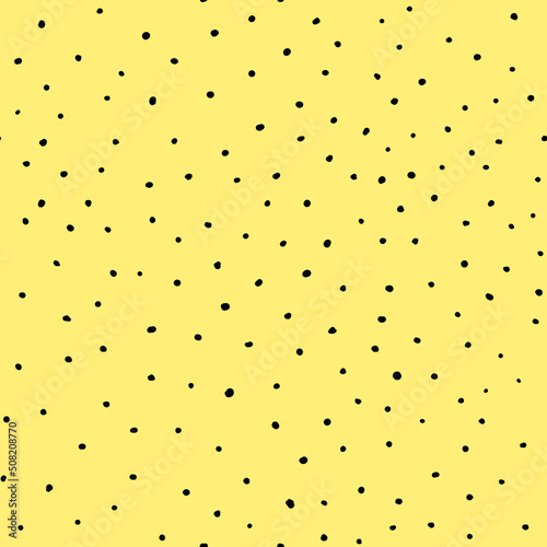 Abstract hand drown polka dots background. Yellow dotted seamless pattern with black circles. Template design for invitation, poster, card, flyer, textile, fabric