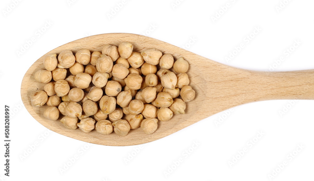 Raw chickpeas in wooden spoon isolated on white, top view Raw chickpeas in wooden spoon isolated on white, top view