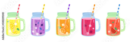 Set of fresh homemade fruit smoothies in glass jars with a striped straw. Glass goblet for cocktail and juice with handle.