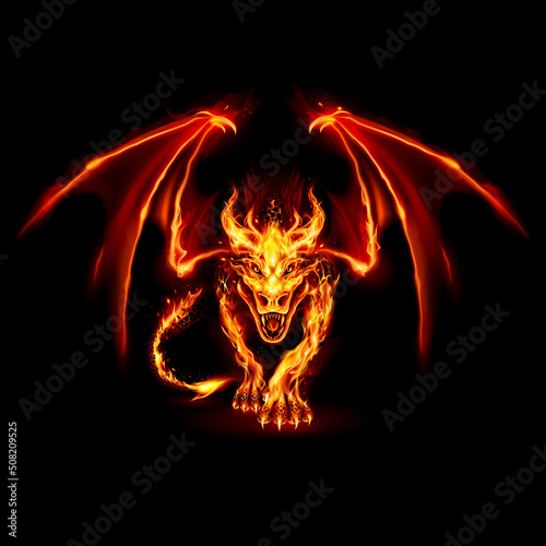 Abstract Illustration of Infuriated Dragon with Fire Flames in Red Color on Black Background for Design