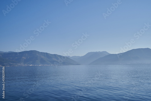 Landscape with morning sea and mountains in Montenegro