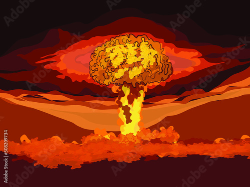 Explosion vector concept. Nuclear test, atomic bomb cloud. Mushroom cloud. Radiation and dangerous effect. 