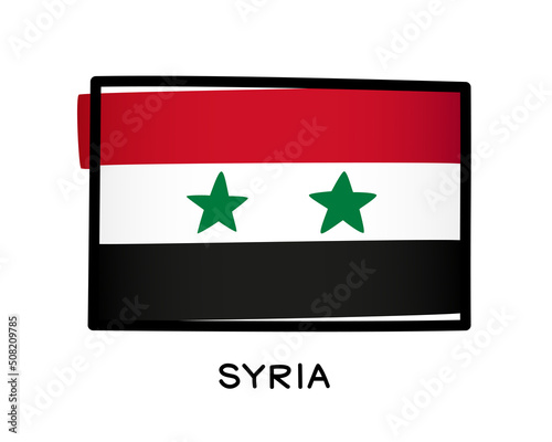 Flag of Syria. Colorful Syrian flag logo. Red, white and black brush strokes, hand drawn. Black outline. Vector illustration