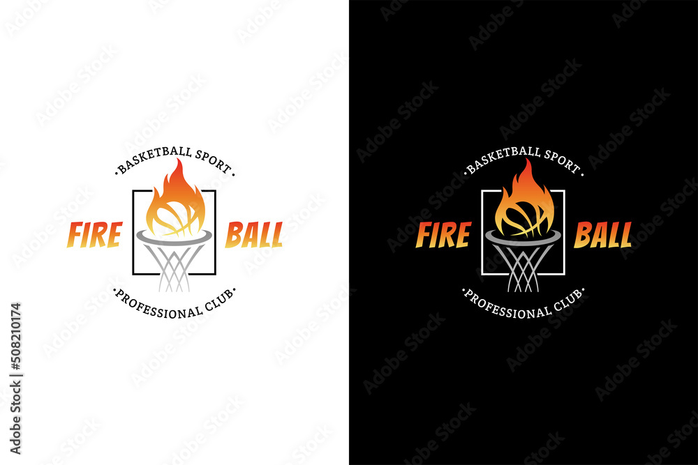 Basketball team sport emblem badge logo with flaming ball on black and white background Basketball team sport emblem badge logo with flaming ball on black and white background