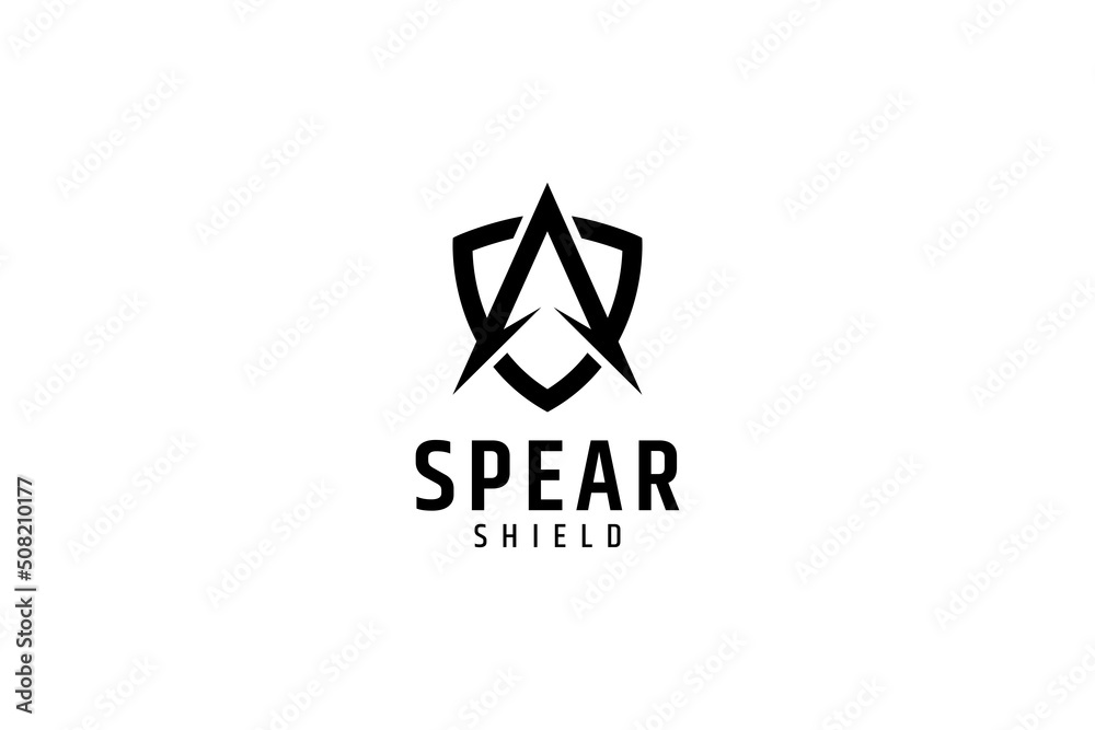 Arrow or spear head and shield logo. Icons of warriors, primitive tribes, strength, protection and defense. Simple flat concept in black on white background. Arrow or spear head and shield logo. Icons of warriors, primitive tribes, strength, protection and defense. Simple flat concept in black on white background.