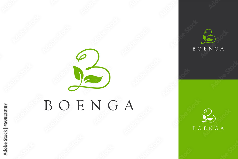 Green letter B logo with leaves. Symbol of nature, gardens, florists, health and natural beauty. Simple, luxury and elegant line art concept with multiple color preview