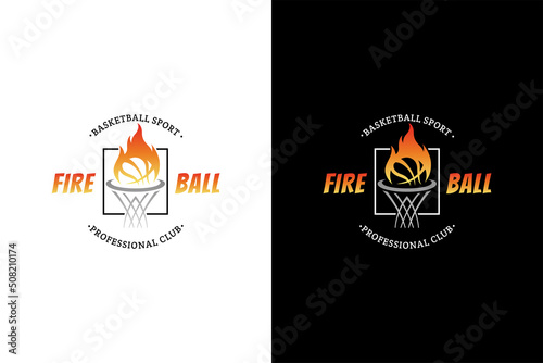 Basketball team sport emblem badge logo with flaming ball on black and white background