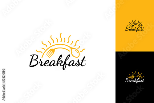 Breakfast typography logo with spoon, fork and sunrise shape. Restaurant icon with breakfast menu, fast food and processed food products.