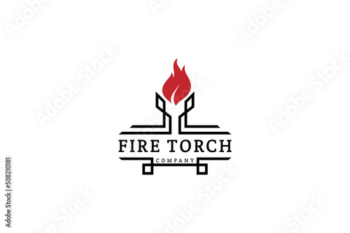 Vintage fire torch emblem badge logo with luxury line ornament