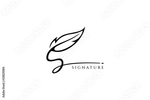letter s logo with quill ink for classic writing style on paper, symbol of book author, publisher, initials and signature, luxury and elegant line art concept in black on white background. photo