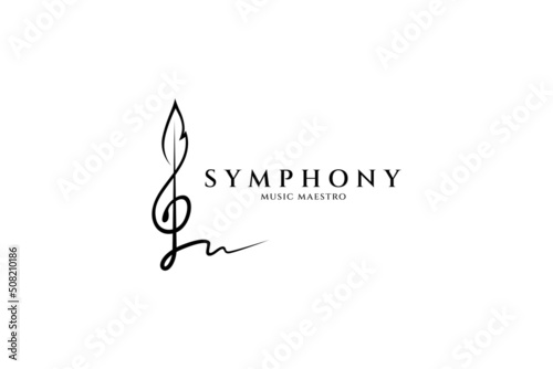 Musical note logo with quill ink shape. Symbols of songwriters, classical music, orchestral performances, legendary music and musicians. Luxury and elegant line art concept