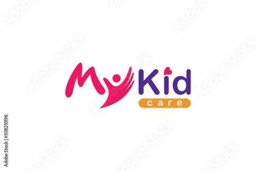 My kid care typography logo. Symbol of child health clinic, day care, pediatrician and education. Colorful flat concept