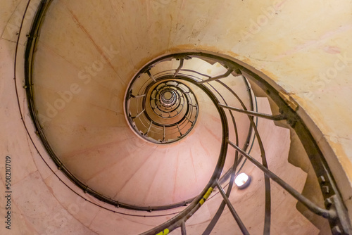 View of stairs of the Arc de Triomphe in Paris at Chaps Elysees, Paris, France. Architecture and monuments of Paris. Paris postcard