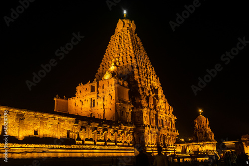 Night Time with Lightning - Tanjore Big Temple or Brihadeshwara Temple was built by King Raja Raja Cholan  Tamil Nadu. It is the very oldest   tallest temple in India. This is UNESCO s Heritage Site.