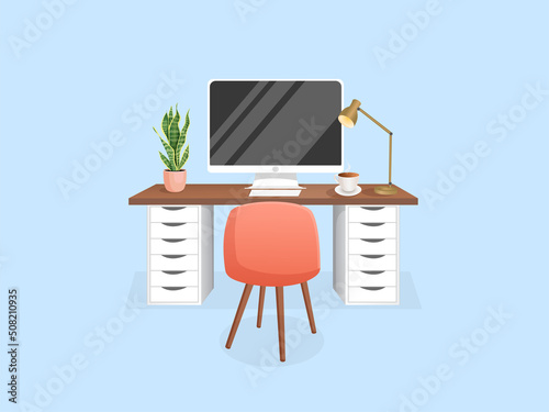 Workspace with a computer, table, plant, lamp and cup on an isolated blue background for home office, cabinet, remote work, freelancing, teaching. Vector illustration in flat cartoon style.