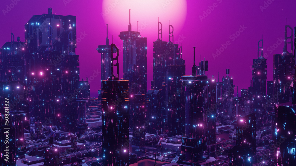 Fototapeta premium Cyberpunk Cityscape with Neon lights. Night scene 3D Render