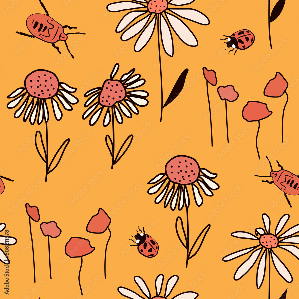 Fototapeta premium cute abstract simple seamless vector pattern illustration with colorful daisy flowers, poppies and red insects on yellow background