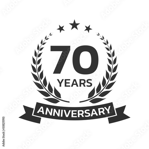 70 years anniversary laurel wreath logo or icon. Jubilee, birthday badge, label or emblem. 70th celebration design element. Vector illustration.