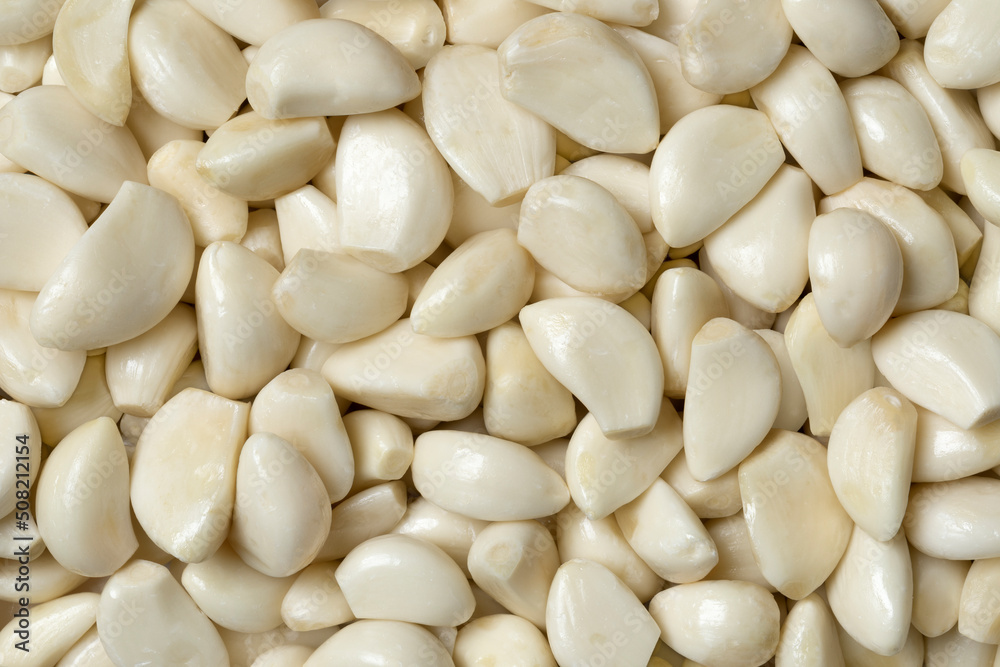 Fresh whole peeled garlic cloves full frame close up Fresh whole peeled garlic cloves full frame close up