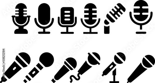 Different microphone collection. Microphone icon set. Podcast microphone. Set microphone icon sign. Vintage microphone sign vector illustration