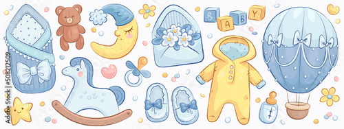 Hand drawn baby boy shower set. Vector illustration of cartoon toys, clothes and flowers isolated on white background