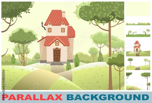 Cartoon house in woods among trees. Set parallax effect. Hills beautiful, cozy country house in traditional European style. Cute funny homes. Forest landscape. Illustration Vector