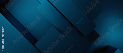 Fotografiet Abstract Metallic 3D Blocks Cubes Modern Navy Blue Banner Background Wallpaper 3