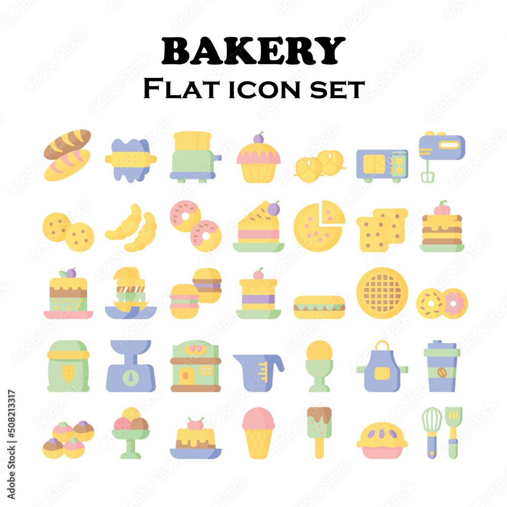 Set of bakery shop flat icon set. Set of bakery shop flat icon set.