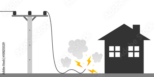 Broken electric wire of high voltage pole is damaged and short circuit spark cause danger electrocution risk with house on white background flat vector design.