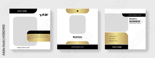 Set of three modern editable social media post templates with golden accent. Minimal business banner graphics for online advert or facebook, product offer, shopping, website, clen, free copy space