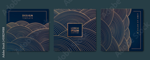Vector set of abstract luxury golden square cards, post templates for social net, wavy line art background. Art Deco Pattern, texture for print, fabric, packaging design. Japanese, chinese style.