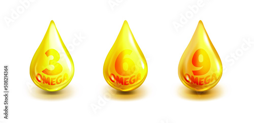 Set of oil drops icons Omega Three, Six And Nine. Natural Fish, Organic Vitamin, Nutrient. Polyunsaturated fatty Omega-3, Omega-6, Omega-9. Omega Fatty Acid, EPA, DHA