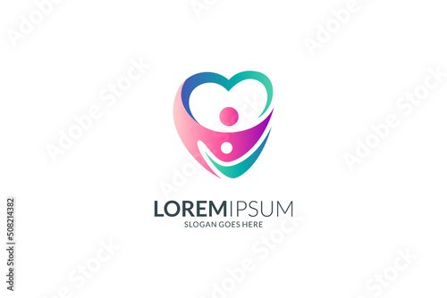 Two people logo in heart shape, flat and simple design style with gradient color, great for harmonious family logo template, health clinic, caring, marriage and social relations