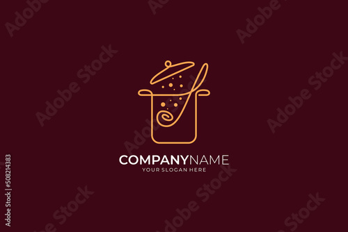 Soup pan and ladle logo, continuous line design style, great for cooking, restaurant, kitchen and recipe logo templates © cahyo