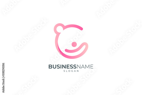 Letter C logo with parent and child, flat and simple design style in pink gradient color, great for child care, motherly affection, health clinic, foundation and social care logo template
