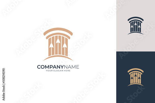 Pillar and three up arrows business logo vector template, simple and flat style