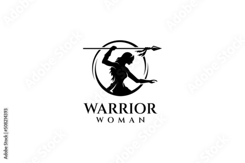 Warrior woman logo holding spear, wonder woman symbol, amazon tribe vector, athens icon, silhouette design style, flat, organic, adult, literal and classic, color black on white background