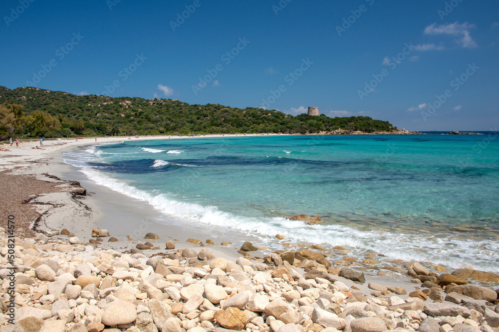 crystal clear waters and white sand at Cala Pira beach, Sardinia