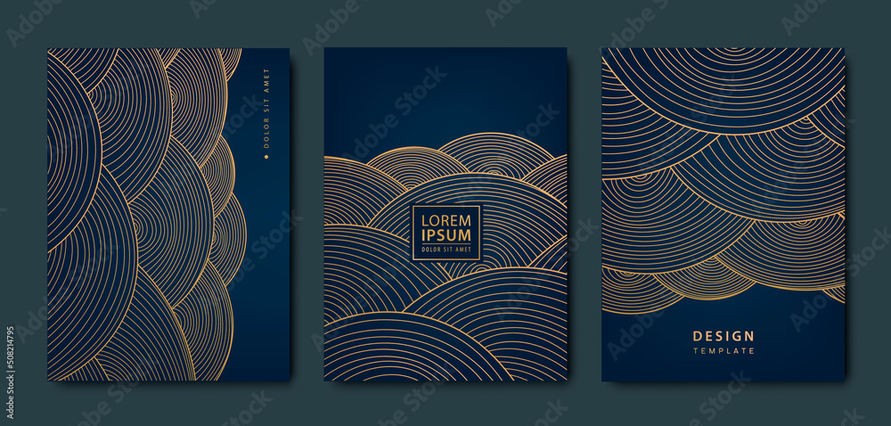 Vector japanese background set with gold circle ornament. Luxury black wavy line pattern. Premium backdrop for business layout, texture for print, poster, book, cover - obrazy, fototapety, plakaty 