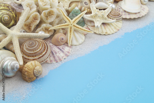 Seashells with starfishes, pearls and corals with sand on blue background. 