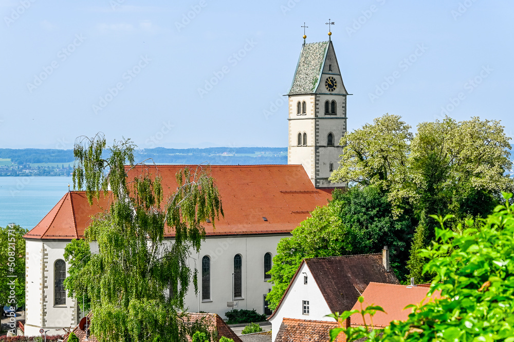 Meersburg, Katholische Kirche, Aussichtspunkt, Oberstadt, Altstadt, Altstadthäuser, Bodensee, Baden-Württemberg, Sommer, Deutschland