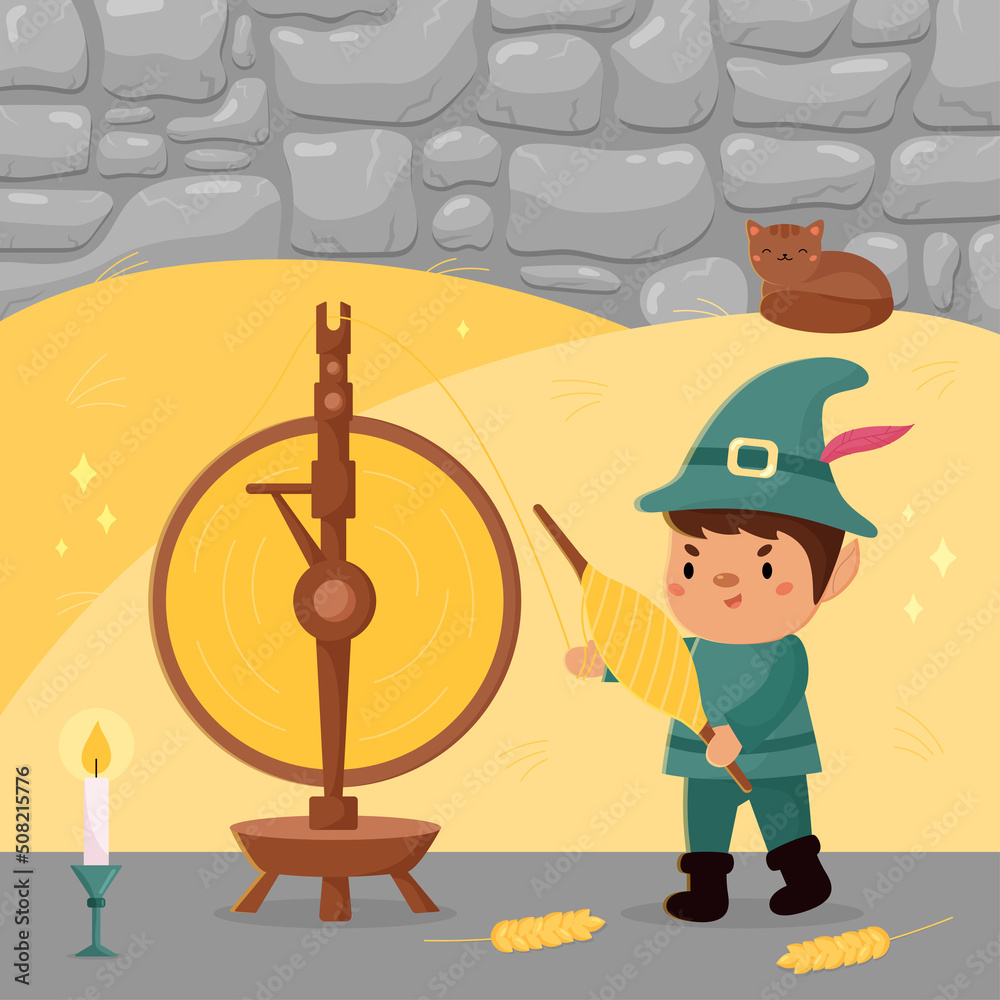 Rumpelstiltskin fairy tale for children. Kawaii cartoon character. Old vintage spinning wheel