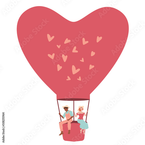 Balloon in the shape of heart. African american man and european woman in love.  Valentines day, fall in love, wedding travel, racism, feminism, gender equality  concepts