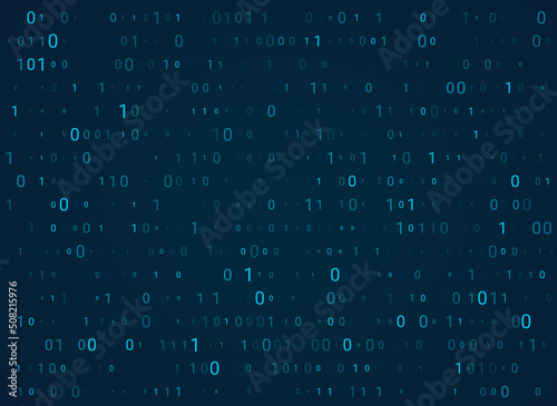 Blue matrix background. Abstract binary code wallpaper, template for hackathon and other digital programing event. Big data digits pattern, zero and one symbol.
