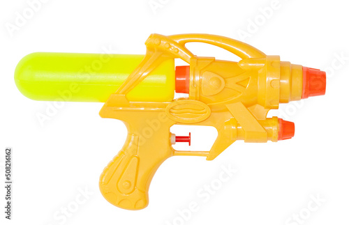 Plastic water gun on an isolated white background. Summer outdoor games by the pool or beach