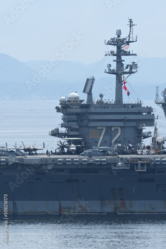 United States Navy USS Abraham Lincoln (CVN-72), Nimitz-class aircraft carrier loaded with aircraft.